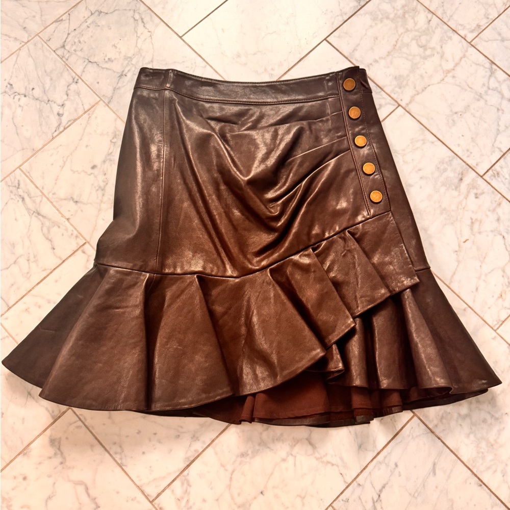 Veronica Beard Brown Ruffled Leather Skirt